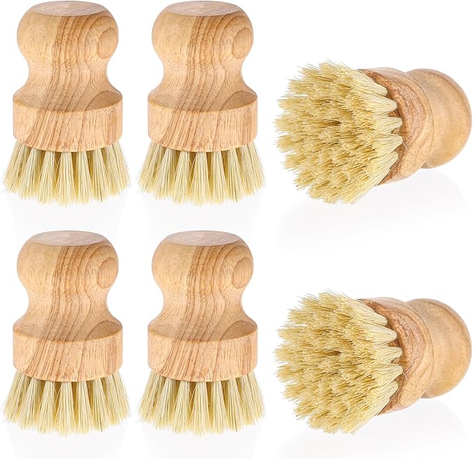 6 Packs Bamboo Dish Scrub Brushes Wok Brush Dish Scrubber Brush Kitchen Dishwashing Scrubber with Natural Bristles Bamboo Scrub Brush for Cleaning Pans, Pots, Sink