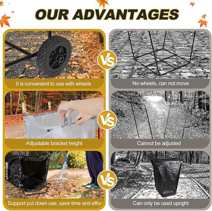 Heavy Duty Portable Trash Bag Holder with Wheel, Adjustable 30-45 Gallon Outdoor Leaf Bag Stand, Durable Trash Bag Rack, for Yard, Lawn Cleanup, Gardening, Camping & Parties