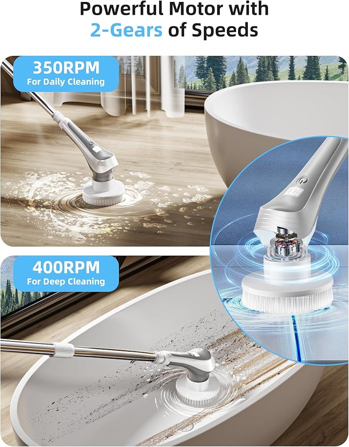 Electric Spin Scrubber,Cordless Shower Scrubber with Power Display Screen,IP68 Waterproof Bath Cleaning Brush,Adjustable Extension Handle & 2 Speeds,Electric Cleaning Brush for Bathroom,Kitchen,Tub