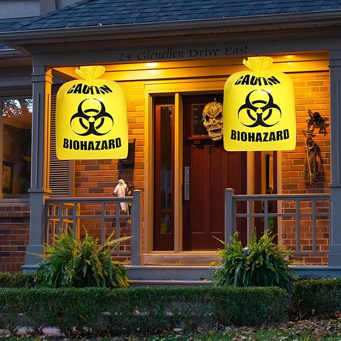 Qilery 4 Pcs Large Halloween Leaf Trash Bags Outdoor Plastic Lawn Waste Bags Biohazard Party Trash Bag Halloween Garden Outdoor Biohazard Zombie Party Decorations