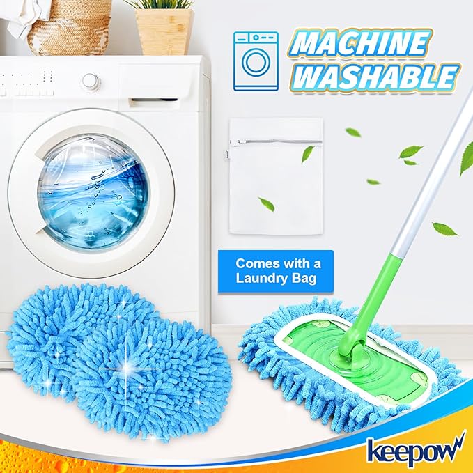 KEEPOW Reusable Microfiber Mop Pads Compatible with Swiffer Sweeper & Mop Deluxe 2-in-1, Wet & Dry Mopping Cloths for All Floors, Compatible with Swiffer Dry Sweeping Cloths for Cleaning (2 Pack)