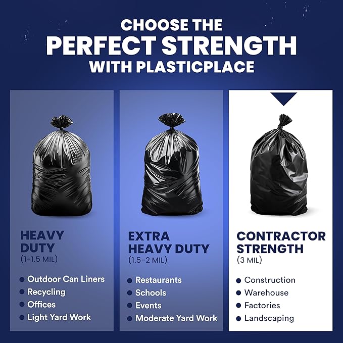 Plasticplace Contractor Garbage Bags: 55 Gallon Trash Bags Heavy Duty, Big Black Trash Bags, 36"x58", 6.0 Mil, Pack of 20