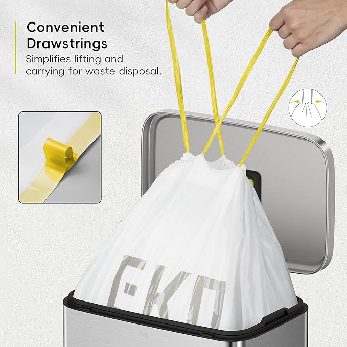 EKO 13 Gallon / 40-60 Liter,110 Count Drawstring Trash Bags, Extra-Strong Unscented Garbage Bags, Easy-Dispense Roll for Kitchen & Household Use, Resists Tears, Leaks and Punctures, Code F, White