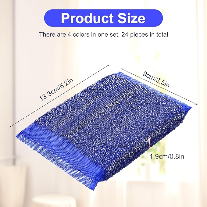 24 Pack Steel Scrub Sponges, Non-Scratch Metal Dish Scrubbers Heavy Duty Scouring Pads Kitchen Metal scrubbers for Pots Pans Cleaning Red Blue Green Yellow 4 Color
