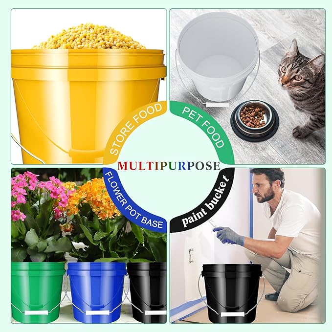 6 Pack 2 Gallon Plastic Bucket with Lid Heavy Duty Pail with Metal Handle Reusable Small Multipurpose Paint Buckets Container for Food Storage(Colorful)