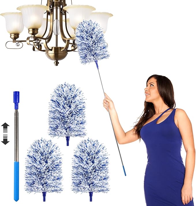 Extendable 20-49inches Microfiber Feather Duster with 3pcs Replaceable Bendable Heads, Extra Long Duster for Cleaning, Electrostatic Dust Remove for Ceiling, Fan, Window, Bookshelves (Navy Blue)