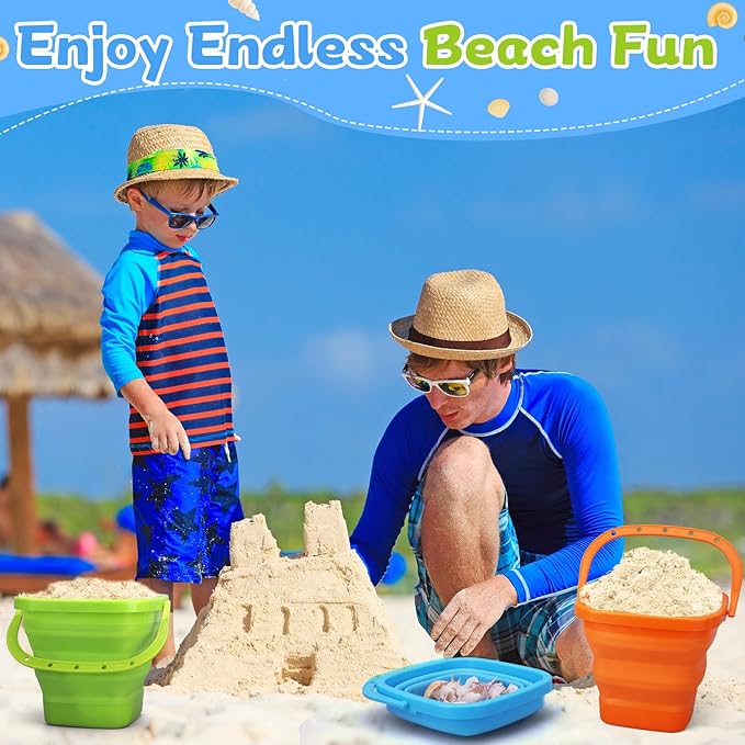 Jumbo Beach Sand Bucket Toy for Kids, 3L Collapsible Sandbox Pail, Easter Buckets, 3 Pack Multi Use Tool for Garden, Planting, Camping, Storage Fishing, Washing, Summer Holiday Travel Birthday Gifts