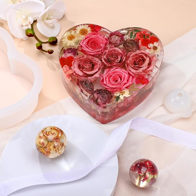 3 Pcs Large Silicone Molds for Resin - Glossy Deep Square, Hexagon, Heart Bookends & Round Molds for Flowers Preservation & DIY Art Making