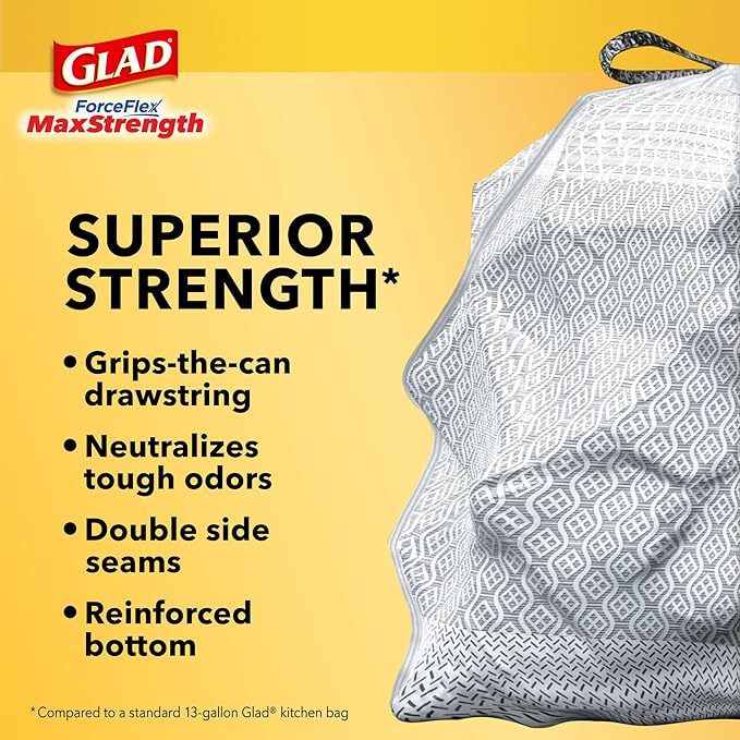 Glad ForceFlex MaxStrength with Clorox Trash Bags, 13 Gal, Eucalyptus, 34 Ct (Package May Vary)
