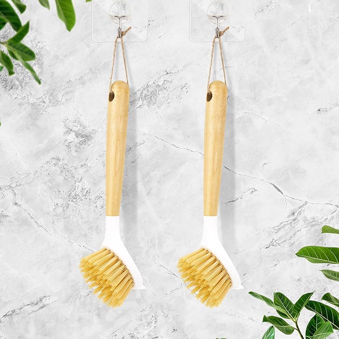 2 Pack Kitchen Scrub Brushes for Cleaning Dish Brush with Handle for Pans, Pots, Kitchen Sink Cleaning Scrub Brushes (Wooden Handle)