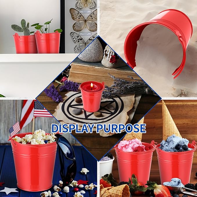 Mini Metal Buckets with Handles Galvanized Buckets 3.15 Inch Mini Container Pails for Metal Tin Plant Holder Pail for Wedding Decoration Party Favor(Red,28 Pcs)