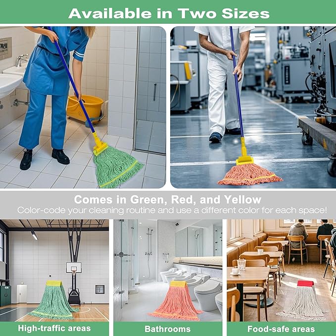 Matthew Cleaning 12Pcs 5'' Headband White&Orange&Green Medium Commercial String Mop Heads, Loop-End Mop Head Replacement, Heavy Duty Industrial Washable&Reusable Mop Refills for Residential& Warehouse