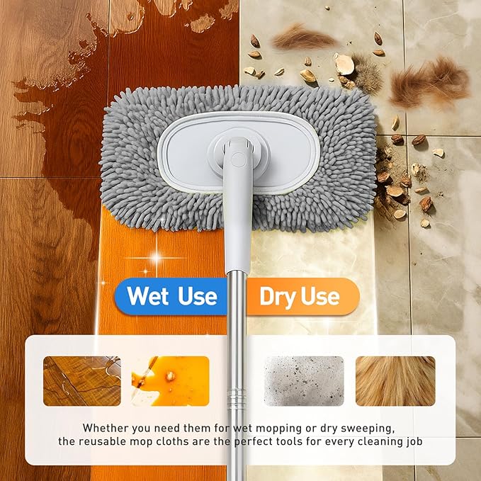 6PCS Reusable Mop Pads Fit for Flat Mops, Chenille Mop Refill Pads Washable Mop Covers, Household Replacement Mop Pads Wet & Dry Sweeping Cloths Mopping Pad Refills for Hardwood Floor Cleaning (Gray)