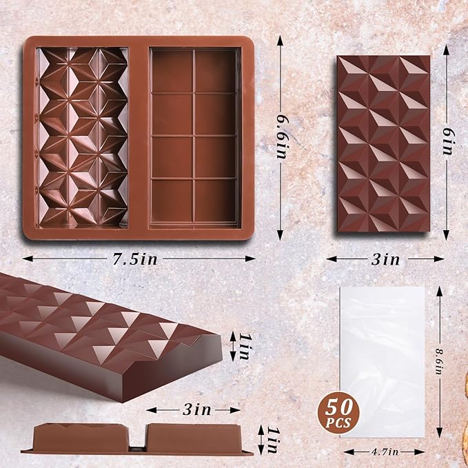 Mity rain Chocolate Bar Mold Deep - 1 inch Deep Thick Non-Stick Silicone Molds for Stuffed Dubai Chocolate Bar Pistachio, Large Food-Grade Candy Bar Mold with 50 bags for Filling & Snacks