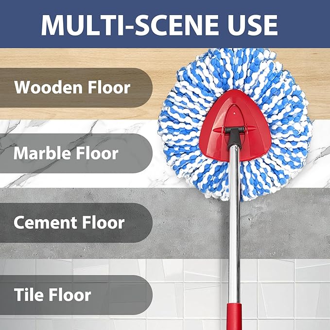 Spin Mop Replacement Set, Includes 2 Mop Head Replacement, 1 Spin Base, 1 Handle (30-58in Adjustable 4-Section Pole)