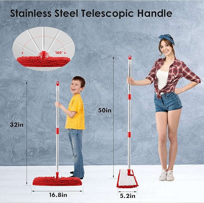 MASTERTOP Microfiber Mop for Floor Cleaning, Hardwood Dust Mop, Wet Mopping with 4 Washable Replacement Mop Pads, Floor Mops for Cleaning with 1 Scraper- White & Red