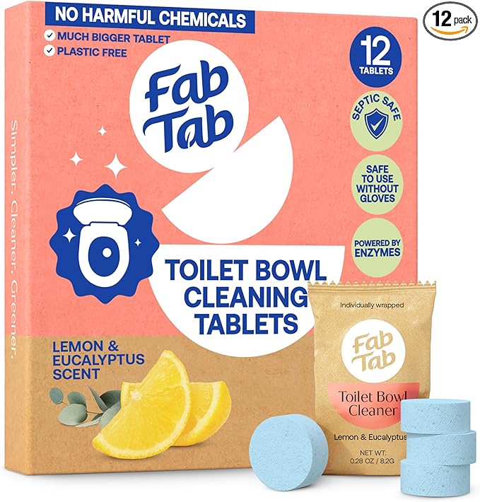 Fab Tab Toilet Bowl Cleaner Tablets, Powerful Stain Removal, No Harsh Chemicals, Plastic-Free, Removes Rust & Stains, Safe for Regular and Septic Tank Toilets, Lemon & Eucalyptus Scent