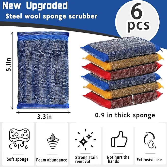 Kitchen Sponges for Dishes Steel Wool Scrubber Sponges for Kitchen Heavy Duty Non-Scratch Scrubbing Cleaner (6 Pack) (Colours)