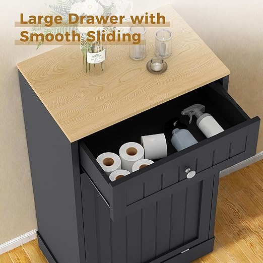 10 Gallon Tilt Out Trash Cabinet, Wood Freestanding Garbage Recycling Cabinet with 1 Door, Hideaway Drawer & Pet Proof Design, Black Trash Bin Holder for Kitchen, Living Room