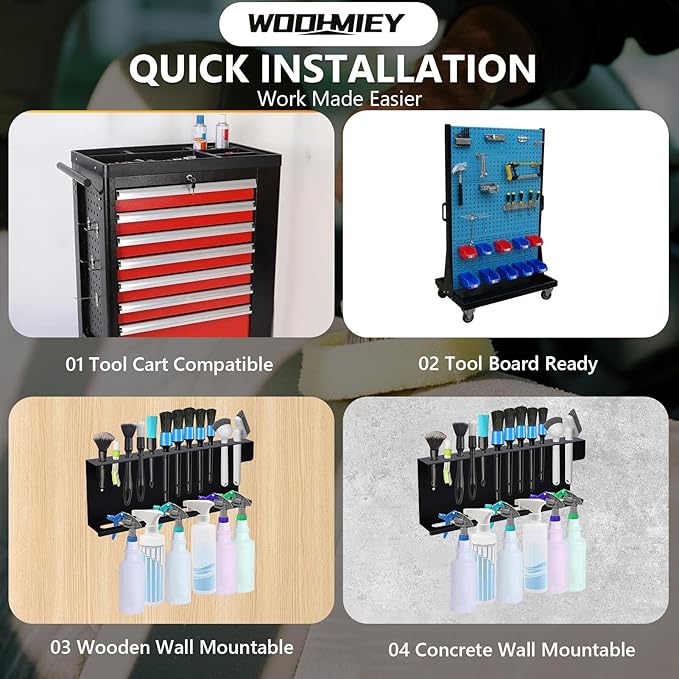 Wall Mounted Spray Bottle Holder and Detailing Brush Rack, Car Detailing Organizer with 12 Brush Slots and 2 Spray Bottle Holders, Garage Wall Organizer Tool Storage Rack for Auto Detailing