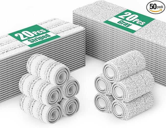 JOYMOOP Flat Mop Pads, Microfiber Mop Cleaning Pads, Washable Pads, Pads Replacement Flat Mop or Mop Bucket Set, Pack of 50 Refills 13inch - Grey and Stripe