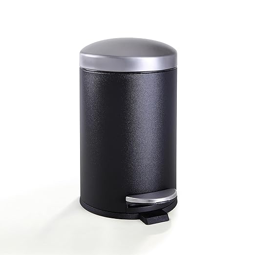 SunnyPoint 4.5 Liter(1.2 Gallon) Round Trash Can with Plastic Inner Bucket; Bathroom, Office, Kitchen and Bedroom Step On and Slow Close (BLK+SN)