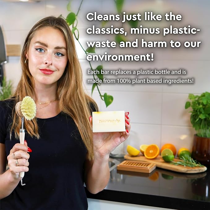 ZeroWastely Natural Dish Soap Bar - Value Pack of 3 Solid Soap Block 16oz - Lemon Scented, Long Lasting, Skin Friendly - Sustainably Made from 100% Organic Ingredients - Plastic Free Dish Soap