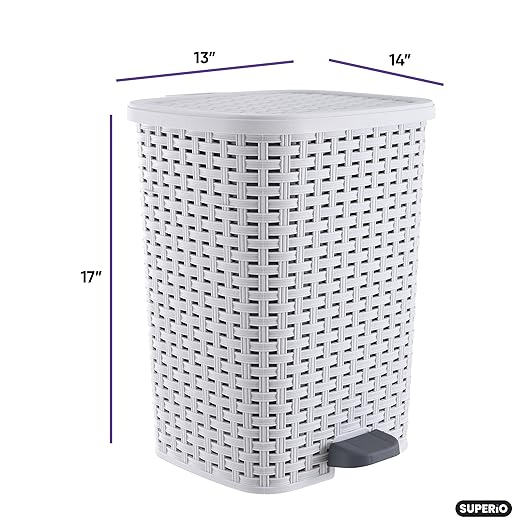 Superio Small Outdoor Trash Can with Lid for Dog Poop 6.8 Gallon/26 L Step On Plastic Garbage Can with Foot Pedal for Bathroom, Bedroom, Office, Patio, Wicker Smoke