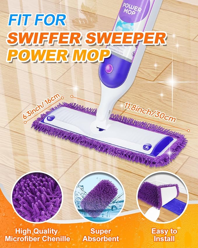 Reusable Power Mop Refill Pads Compatible with Swiffer PowerMop, Microfiber Power Mop Pads for Hardwood Floor Cleaning, 3 Pack