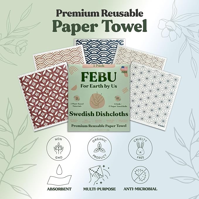 FEBU Swedish Dishcloths for Kitchen | 5 Pack Eastern Reusable Paper Towels Washable | Swedish Dish Towels | Non-Scratch Cellulose Sponge Cloths | No Odor, Biodegradable Cleaning Cloths