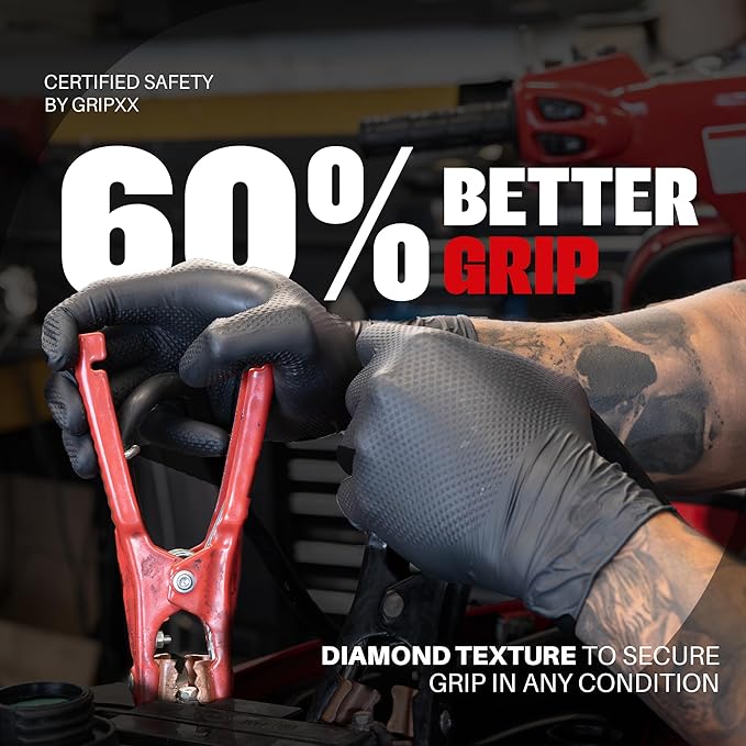 Herkules Grip Heavy Duty 8Mil Black Nitrile Gloves,3D Raised Diamond Texture-Latex & Powder-Free Industrial, Mechanic