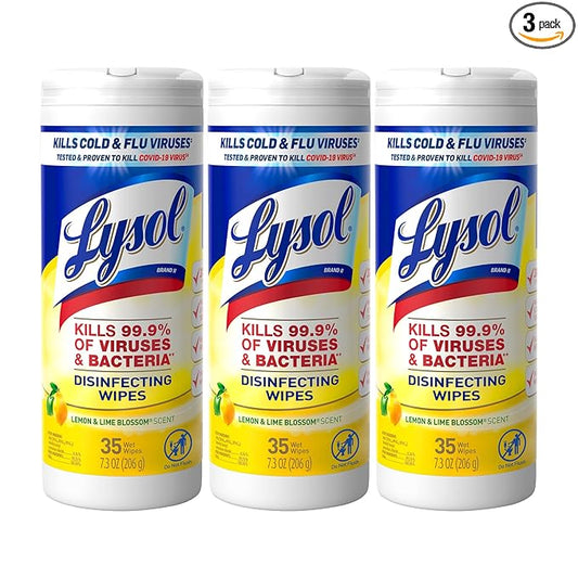 Lysol Disinfectant Wipes, Multi-Surface Antibacterial Cleaning Wipes, Dorm Room Essentials For Disinfecting and Cleaning, Lemon and Lime Blossom, 35 Count (Pack of 3)
