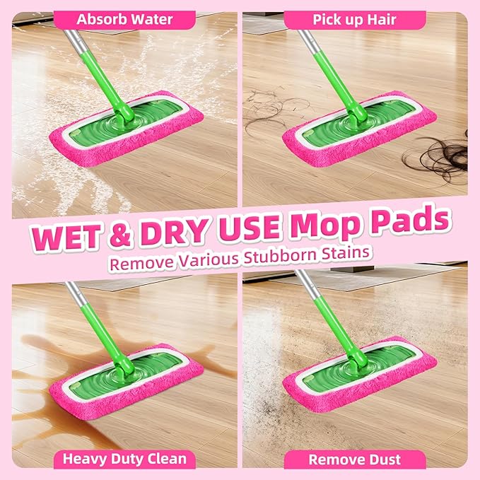 Reusable Mop Pads fit Swiffer Sweeper Mop - Microfiber Wet Pads Refill & Machine Washable Dry Sweeping Cloths for Mopping All Sealed Floors - Hardwood, Laminate, Tile & Stone (Mop is not Included)