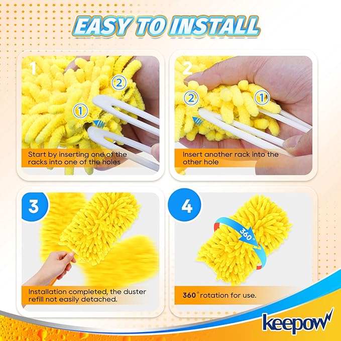 KEEPOW Reusable Duster Refill Compatible with Swiffer Duster Refills, Microfiber Dusters for Cleaning, 4 Color Blue Yellow Orange Green 360° Heavy Duty Duster Refills, 4 Pack(Handle is Not Included)