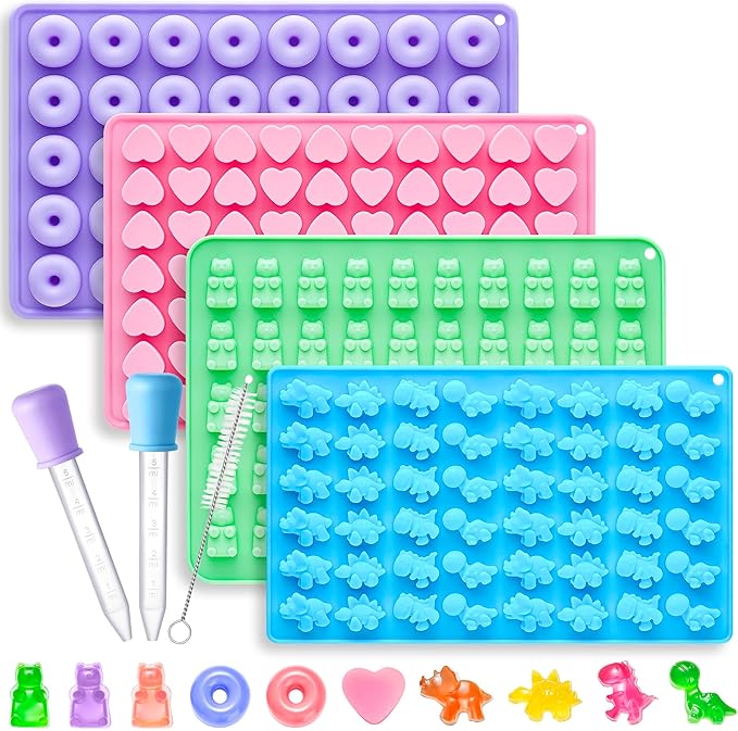 Silicone Gummy Molds Set of 4, Non-stick Candy Chocolate Molds with 2 Droppers 1 Clean Brush, Includes Dinosaur Bear Donut Heart Shape