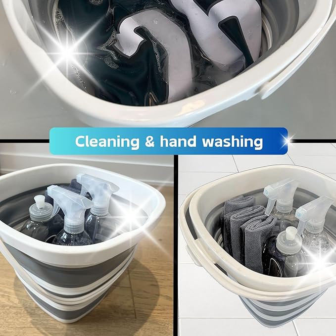 Collapsible Bucket 10L (2.6 Gallon) – BPA-Free Folding Silicone with Handle, Spout & Hook | Compact, Space-Saving for Mop, Cleaning, Car Wash, Camping, Beach, and Outdoor Use (Grey)