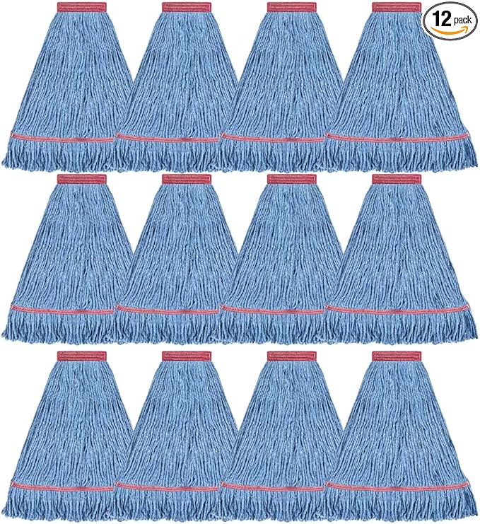 Matthew Cleaning 20oz Heavy Duty Mop Head Commercial Replacement for General and Floor Cleaning , Wet Industrial Blue Cotton Looped End String Head Refill (Case of 12) Blue