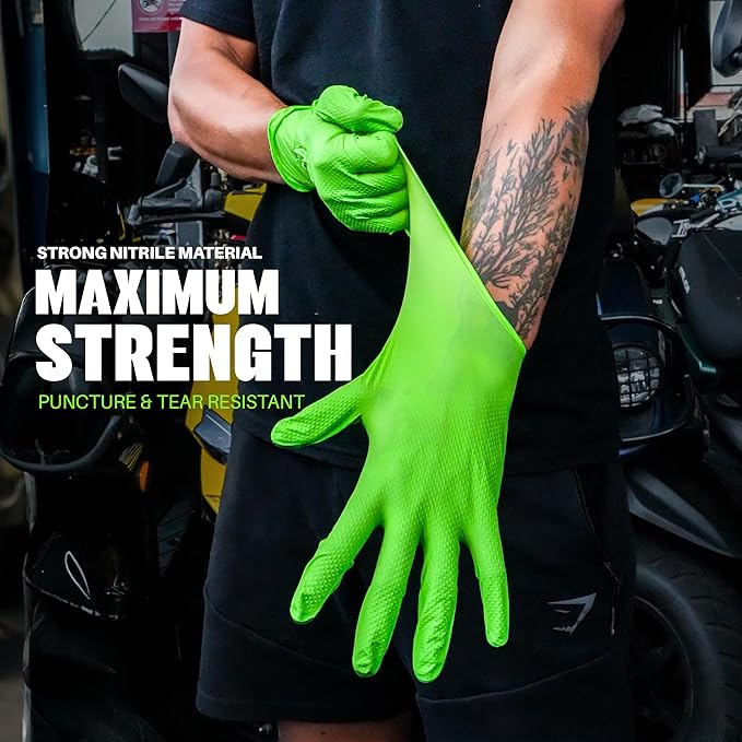 Herkules Grip Heavy Duty 8Mil Green Nitrile Gloves,3D Raised Diamond Texture-Latex & Powder Free-Industrial, Mechanic | Pack of (100 CT)