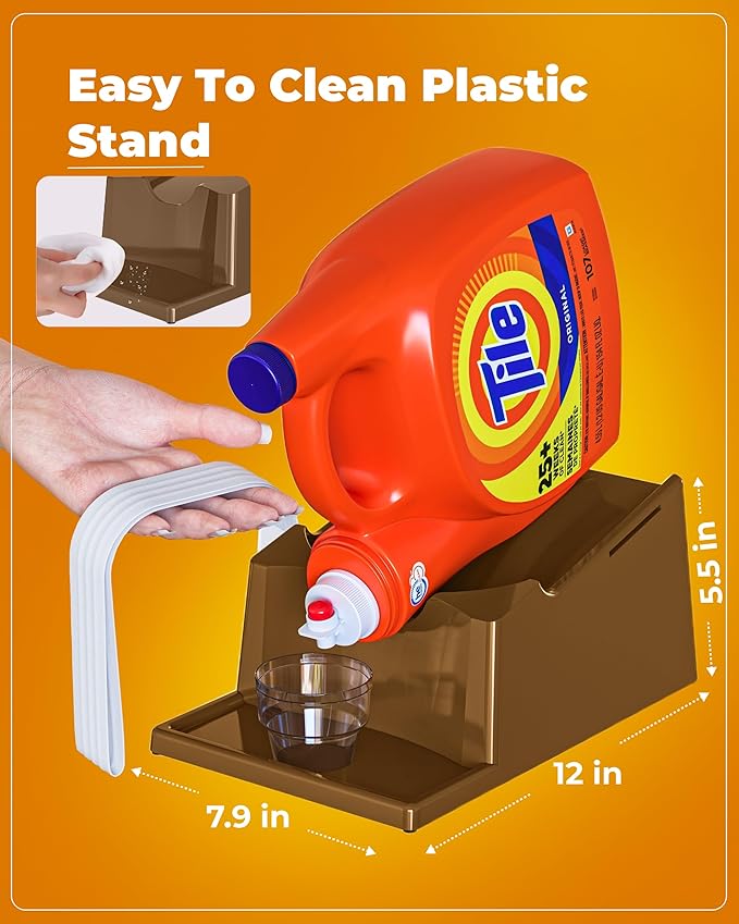 TidyFriend Laundry Detergent Holder Stand with Drip Tray, Laundry Soap Holder with Non-Slip Rubber Feet for Washing Space Organization, Angled Downward Slope for Easy Pouring (Brown)