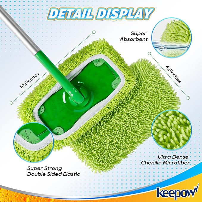 KEEPOW Reusable Microfiber Mop Pads Compatible with Swiffer Sweeper, Dry Sweeping Cloths, Washable Wet Mopping Cloth Refills for Hardwood Floor Cleaning, 6 Pack