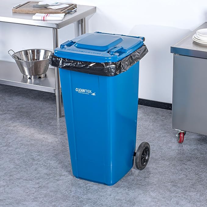 Restaurantware-Clean Tek Professional 32 Gallon Trash Can With Wheels, 1 Garbage Can With Lid - Step-On Attachment Sold Separately, Rectangle, Blue Plastic Dustbin, Long-Lasting, For Outdoor