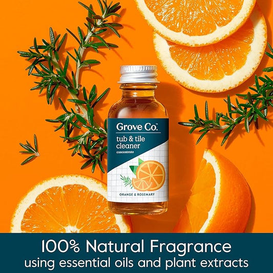 Grove Co. Tub and Tile Cleaner Refill Concentrate (2 x 1 Fl Oz) + 1 x Reusable Glass Spray Bottle (16 Oz) Plant-Based Cleaning Supplies Bundle, No Plastic Waste, 100% Natural Orange & Rosemary Scent
