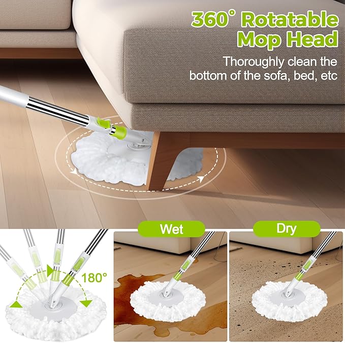 Spin Mop and Bucket,Masthome Mop and Bucket Set with Wringer.4L Detachable Bucket Small,Separate Clean and Dirty Water,Adjustable 50" Handle,3 Microfiber Pads for Wet/Dry Hardwood Tile Floor Cleaning