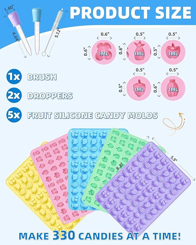 Mini Fruit Snack Molds Silicone, 5PCS Gummy Molds Trays with 2 Droppers 1 Clean Brush, Including Pineapple, Cherry, Grape, Banana, Apple Shape