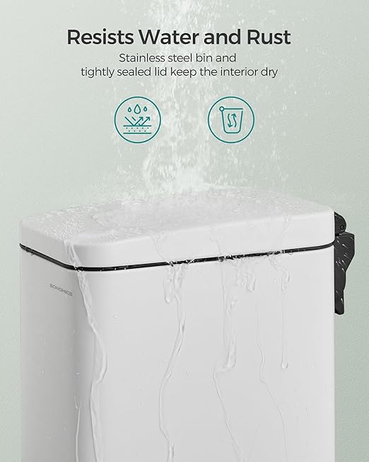 SONGMICS Bathroom Trash Can, 1.3 Gallon (5 L) Small Trash Bin with Lid, Slim for Small Spaces, Stainless Steel Garbage Can, Soft Close, White ULTB560W05