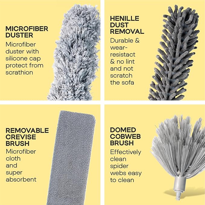 Microfiber Extendable Duster with Extension Pole Upto 100 Inch, 8 PCS Washable, Bendable, Reusable Long Handle Feather Dusters kit for Cleaning Ceiling Fan, High Ceilings, Blinds, Furniture & Cars