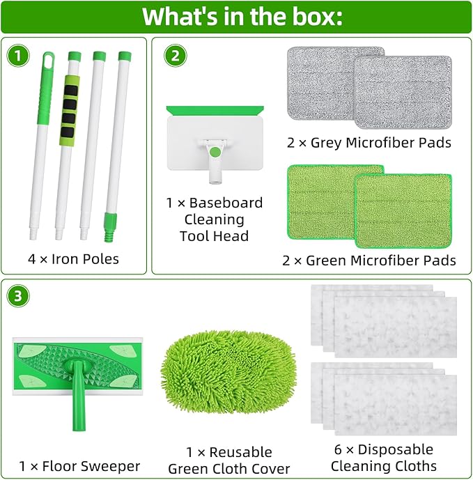 Baseboard Cleaner Tool with Handle, Extendable Long Handle Baseboard Cleaning Duster with Reusable Pads for Floorboard, Ceiling, Wall, Floor, Bathroom Kitchen (Green)