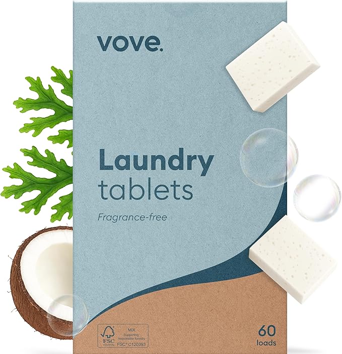 Vove Plastic-Free Laundry Detergent Blocs - 60 Ultra-Concentrated Tablets, Better Than Pods & Sheets - 5-Layer PureStack Technology, 3X Enzyme Power, Fragrance Free, Eco-Friendly