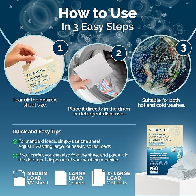 Steam and Go Premium+ Laundry Detergent Sheets – 5in1 Dissolvable Sheets with Enzymatic Cleaning, Antibacterial Action, Color Protection, Fresh Fragrance & Purifying – Boutique Hotel Scent, 30 Ct