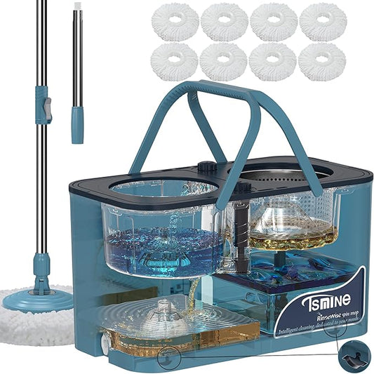 Spin Mop and Bucket System,Separates Dirty and Clean Water,4-Chamber Design,Mop and Bucket with Wringer Set,Wet & Dry Use,Best Home Floor Cleaning Tools with 8 Replacement Mop Heads,4X Wheel